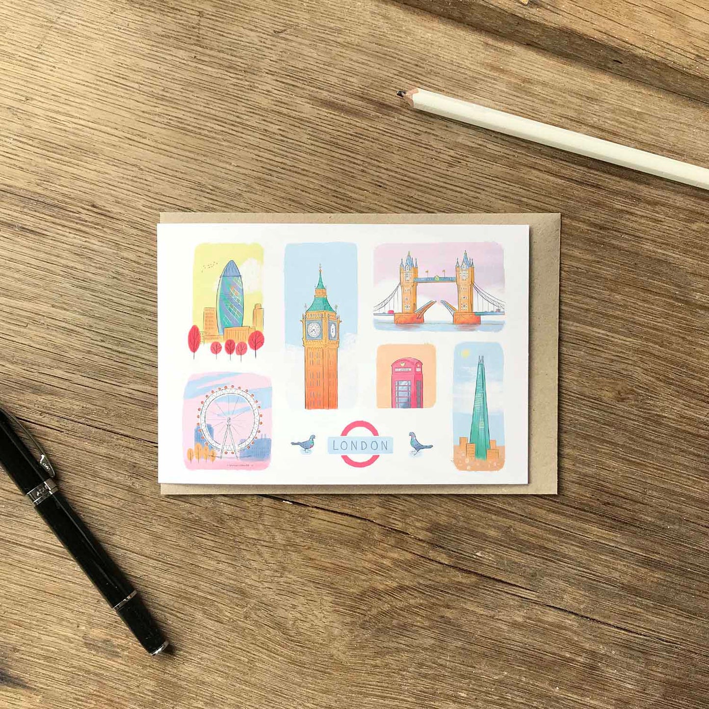 Six London landmarks beautifully illustrated on a greeting card from mike green illustration.