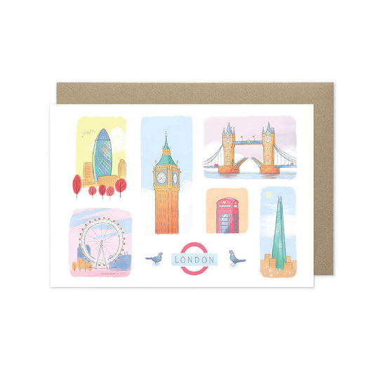 Six London landmarks beautifully illustrated on a greeting card from mike green illustration.