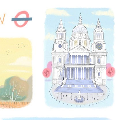 Detail from an art print of the London landmarks, Westminster Abbey, The Tower of London, St Paul's Cathedral, Palace of Westminster and Buckingham Palace