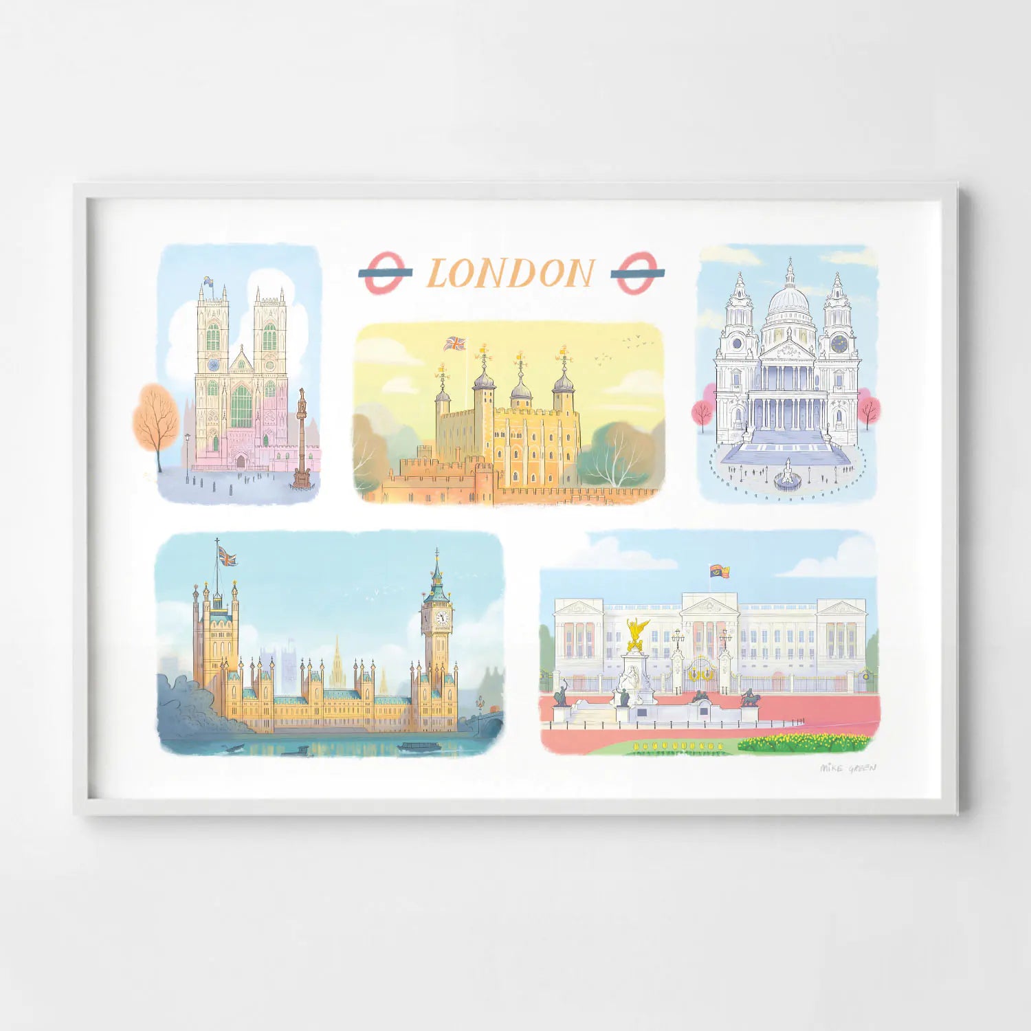 A framed art print of the London landmarks, Westminster Abbey, The Tower of London, St Paul's Cathedral, Palace of Westminster and Buckingham Palace
