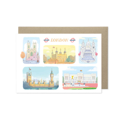 Greetings Card with London Landmarks,  Westminster Abbey, Tower of London, St Paul's Cathedral, Palace of Westminster, and Buckingham Palace.