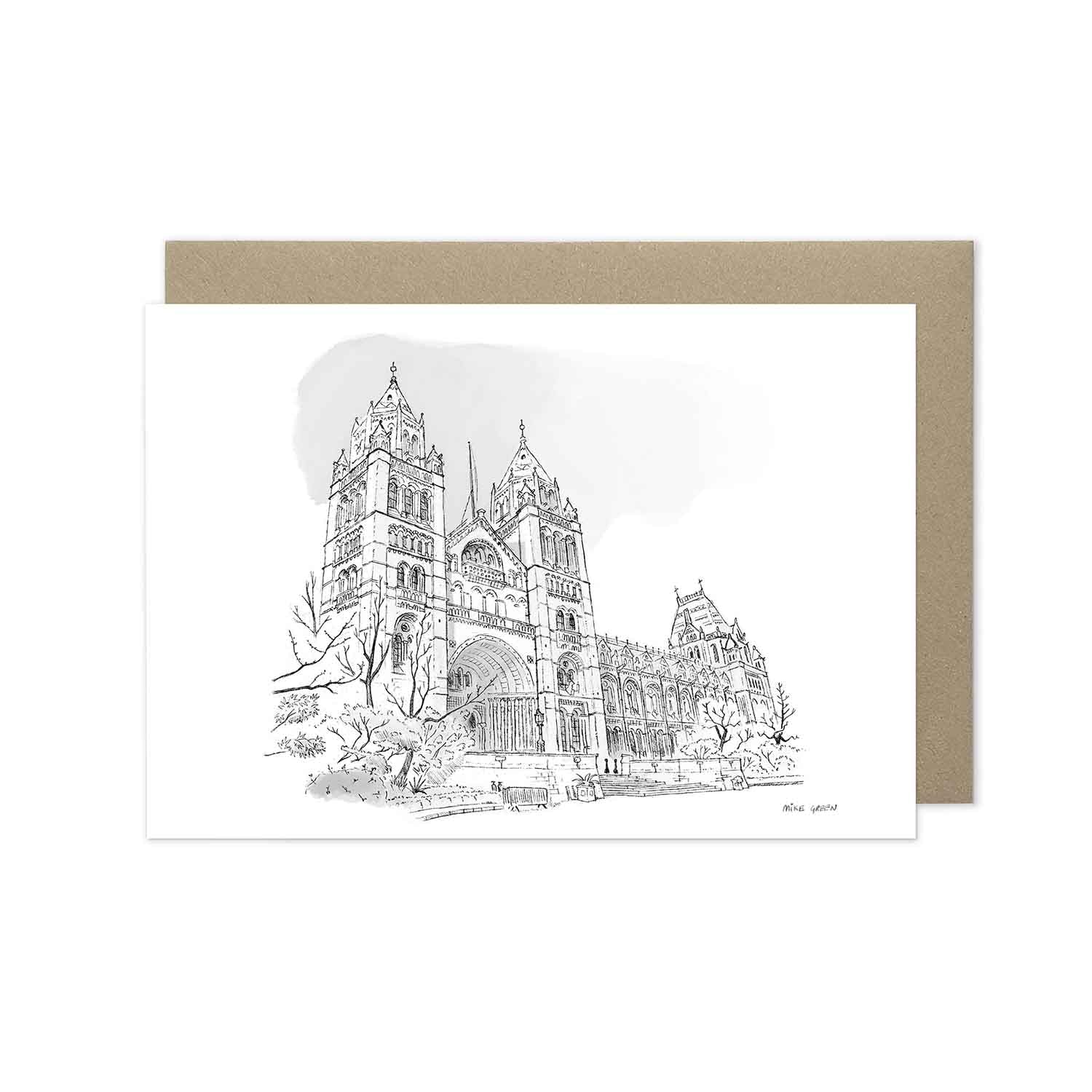 London's Natural History Museum beautifully sketched on a greeting card by mike green illustration.