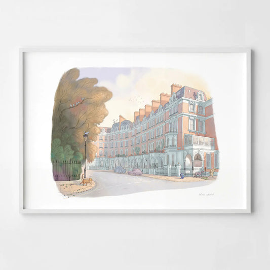 Framed print of dogs spotting a cat on a street on London