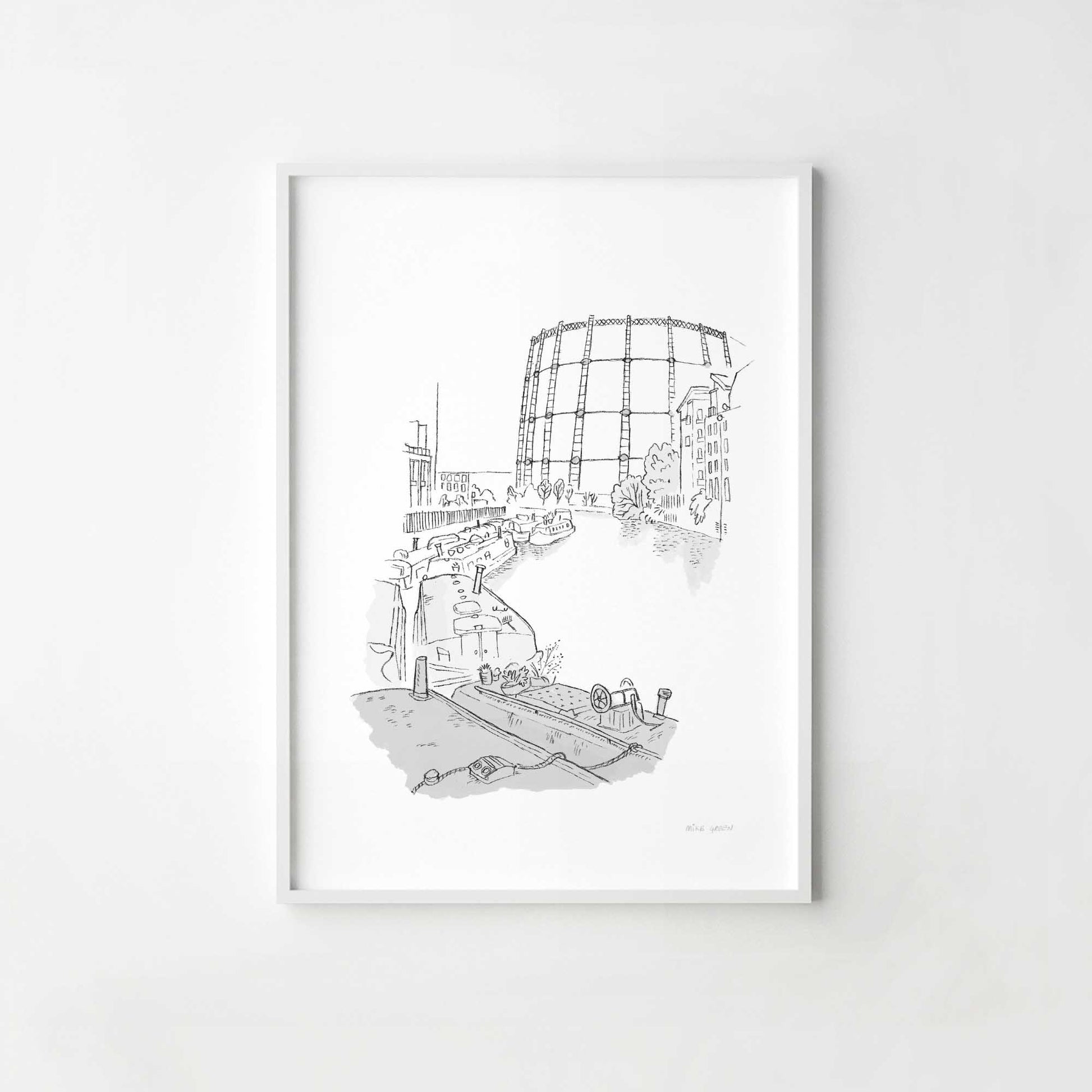 A print of boats on London's Regents Canal beautifully sketched by Mike Green.