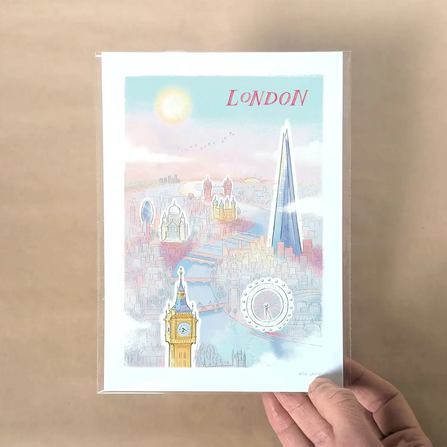 A5 size art print of London Skyline poster featuring big ben, London Eye and the shard