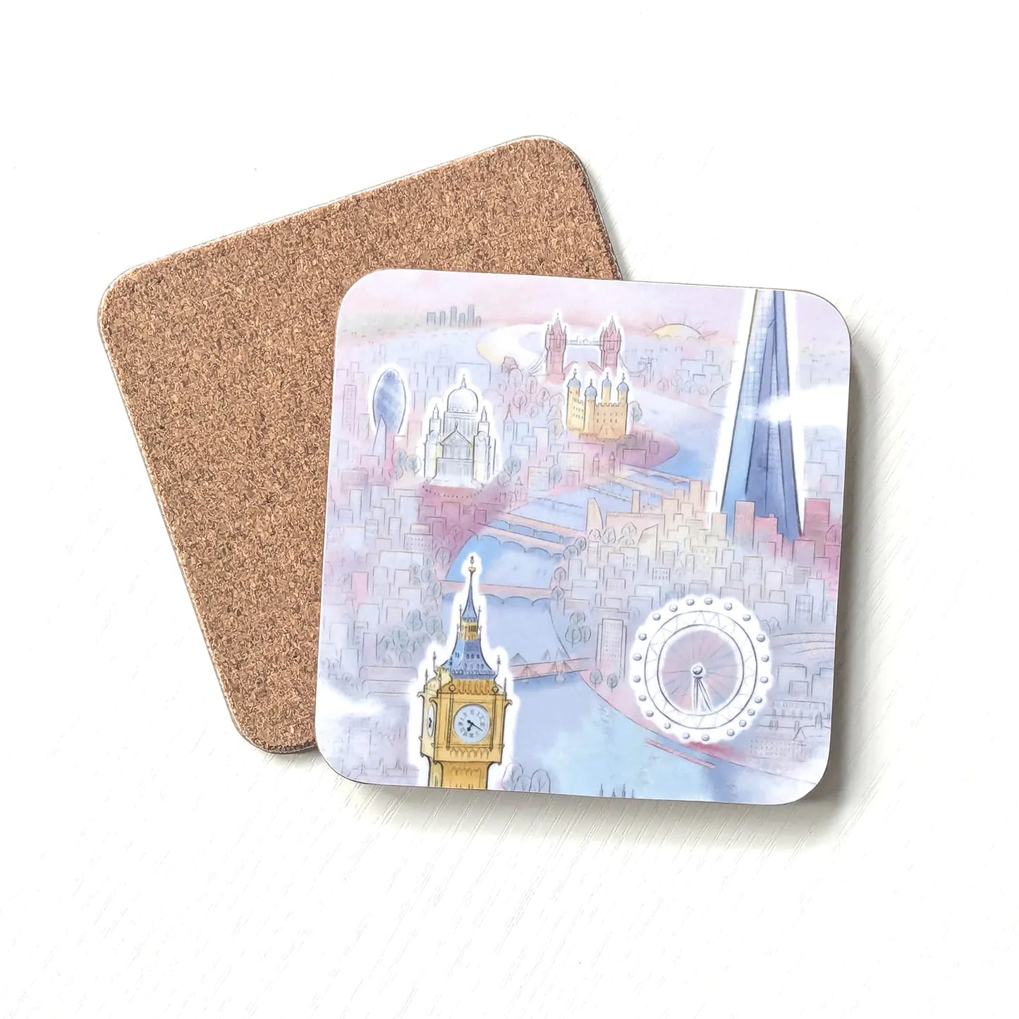 Cork backed square coaster with a painting of London's Big Ben, London eye and St Paul's Cathedral