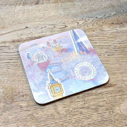 Coaster with a painting of Big Ben, the London Eye, St Paul's and the Shard in pastel colours