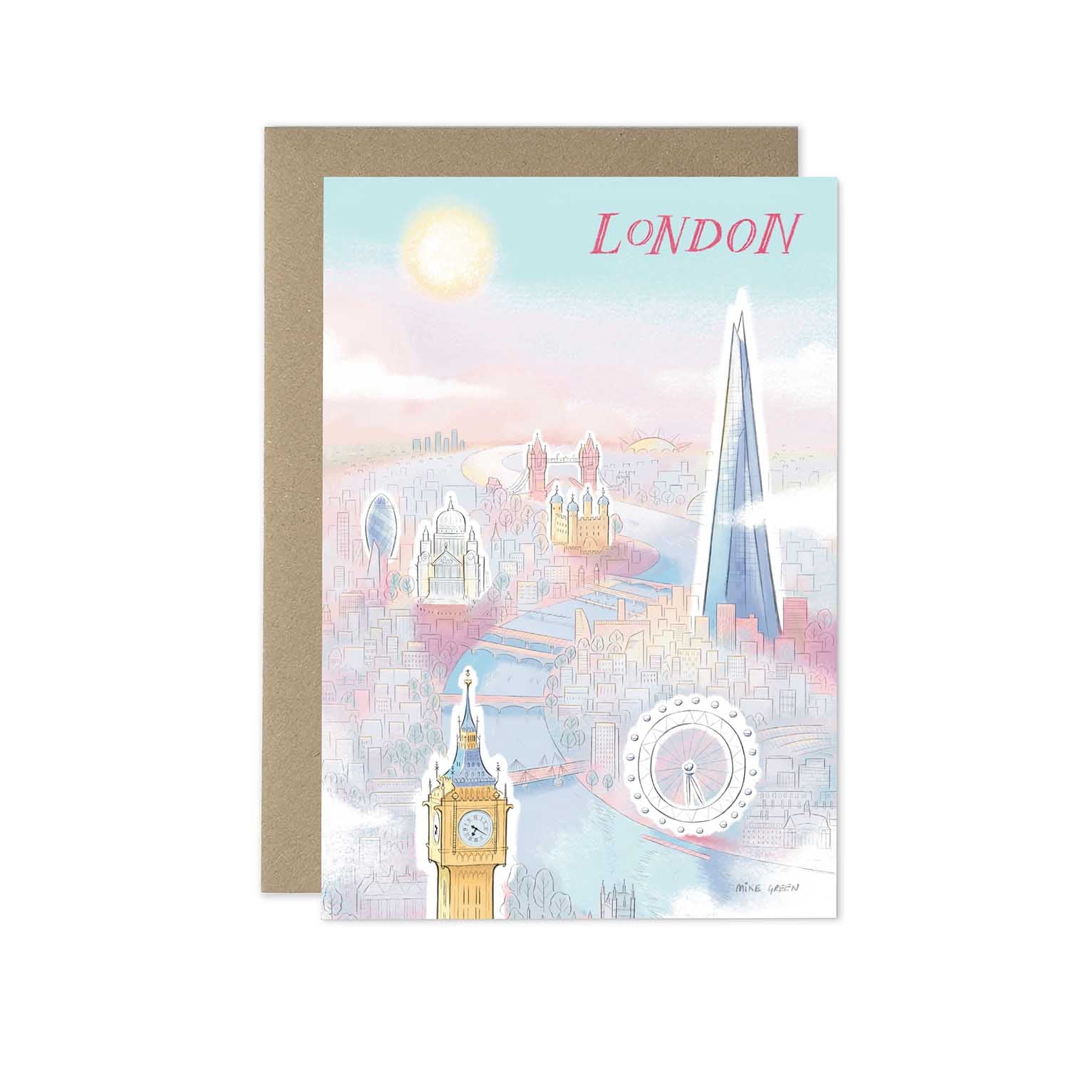 London and some of its landmarks beautifully illustrated on a greeting card by mike green illustration.