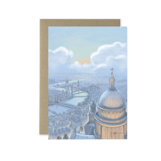 Greetings card with painting of London skyline at night with St Pauls Cathedral and Big Ben