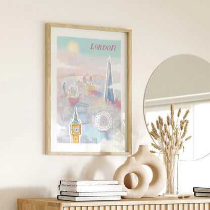 Print of an illustration of London's Skyline with Big Ben, the London Eye, the Shard, St Pauls and Tower Bridge