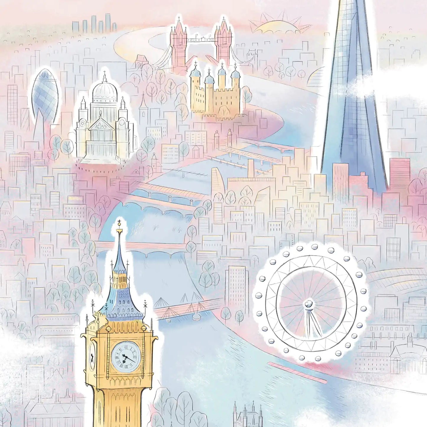 Detail of London Illustration with Big Ben, the London Eye, St Pauls, the Shard and Tower Bridge