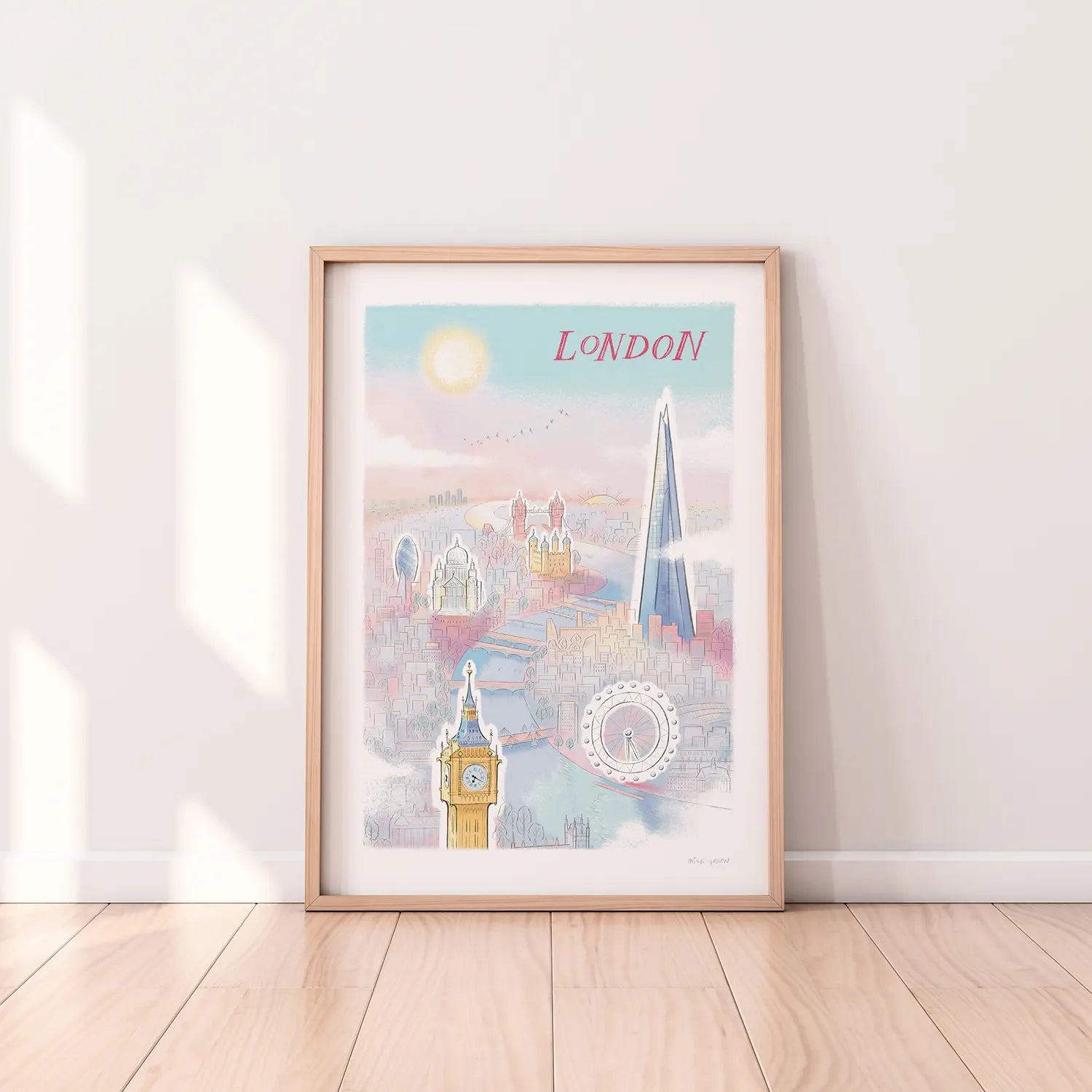 Print of an illustration of London's Skyline with Big Ben, the London Eye, the Shard, St Pauls and Tower Bridge