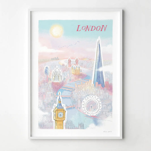 Print of an illustration of London's Skyline with Big Ben, the London Eye, the Shard, St Pauls and Tower Bridge