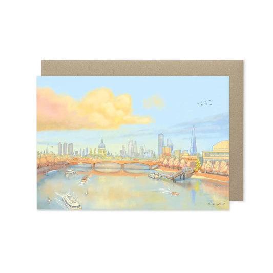 Greetings card with a painting of St Pauls Cathedral, waterloo bridge and the Thames in London in the evening