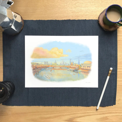 Signed wall art print of a painting of London in the evening sunshine with the river Thames and St Pauls Cathedral and the Southbank Centre
