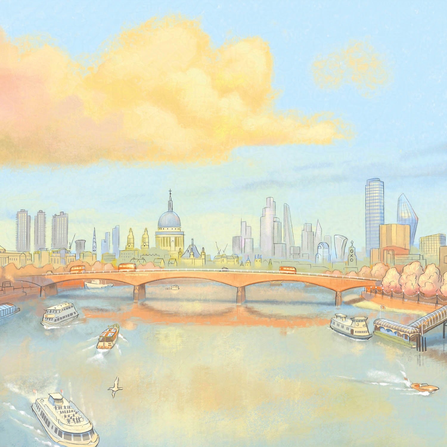 Detail from a wall art print of a painting of London's river Thames in the evening sunshine with St Pauls Cathedral and the Southbank