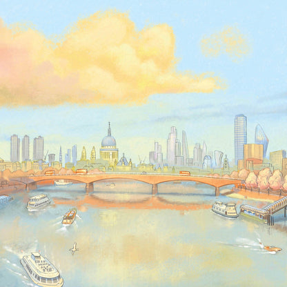 Detail from a wall art print of a painting of London's river Thames in the evening sunshine with St Pauls Cathedral and the Southbank