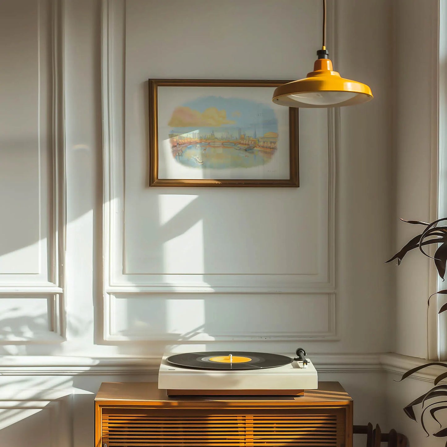 Turntable and lamp with framed wall art print of London in the evening sunshine