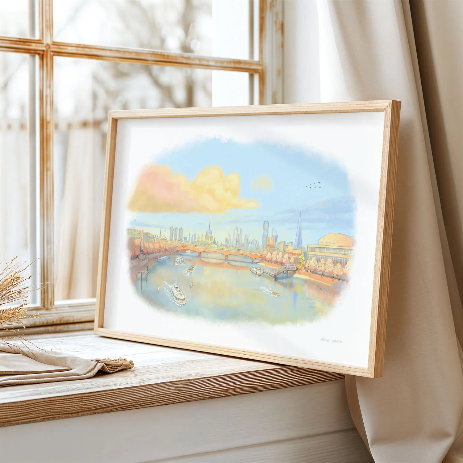 Framed wall art painting of the London Thames river in evening sunshine by a window