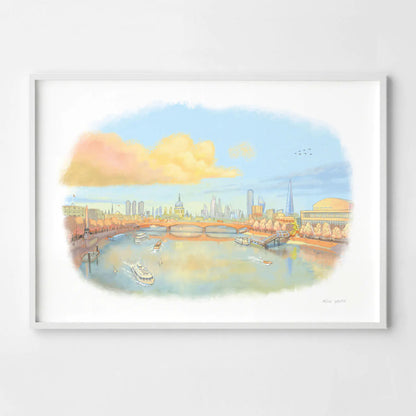 Framed wall art print of a painting of London's river Thames in the evening sunshine with St Pauls Cathedral and the Southbank and boats