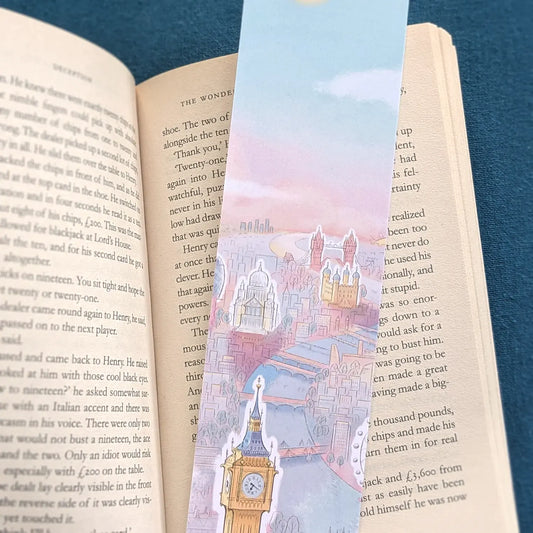 Bookmark with London city landmarks in the sunshine including Big Ben St Paul's Cathedral and Tower Bridge