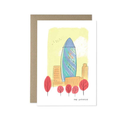 London's the Gherkin beautifully illustrated on a greeting card from mike green illustration.