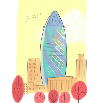 A close up London's The Gherkin illustration by mike green illustration.