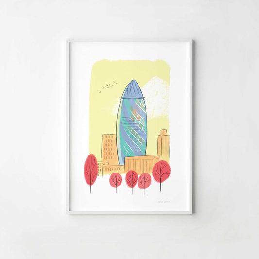 A print of London's The Gherkin illustration colourfully illustrated by Mike Green.