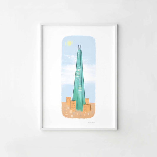 A print of London's The Shard illustration colourfully illustrated by Mike Green.