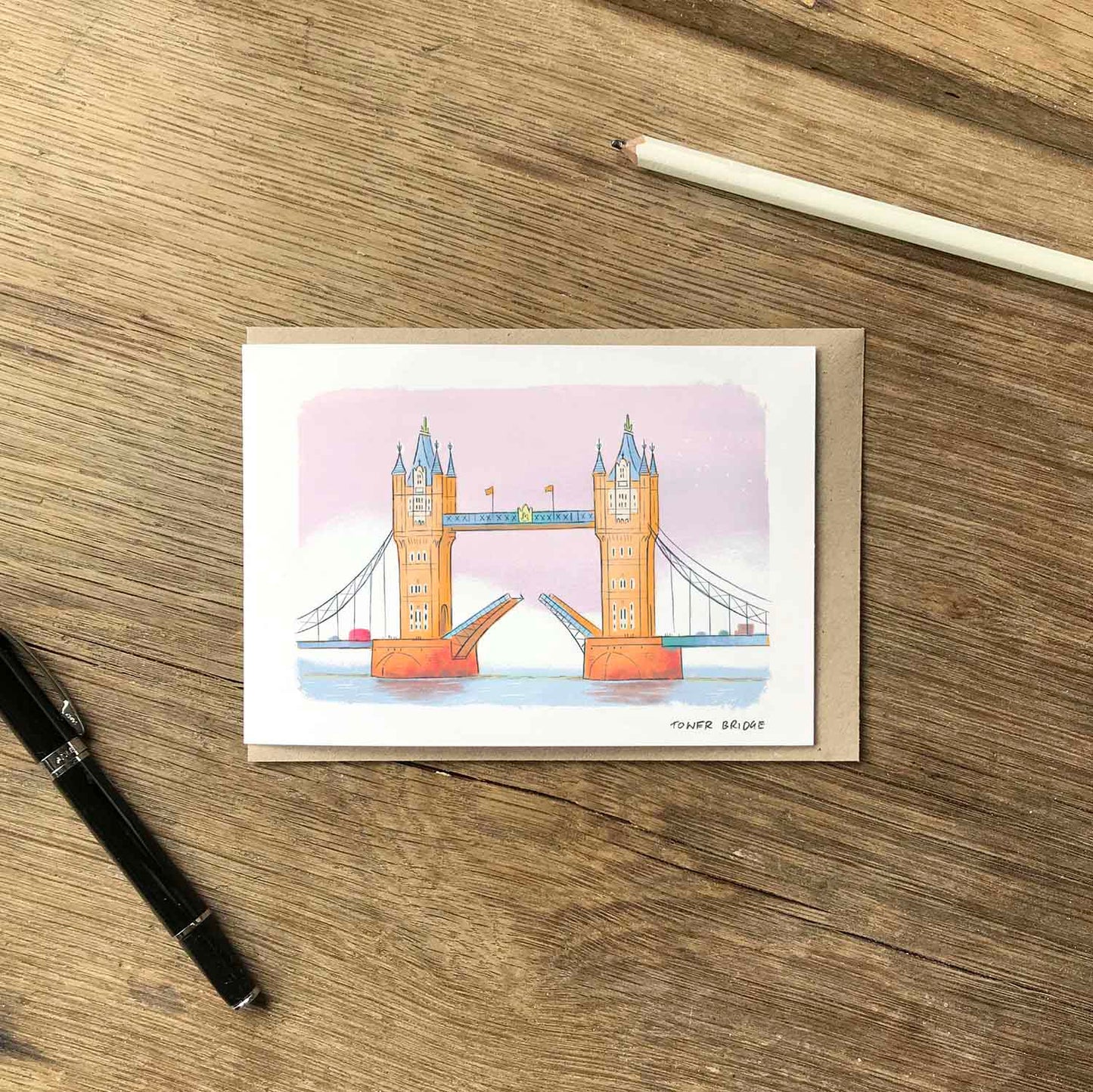London's Tower Bridge beautifully illustrated on a greeting card from mike green illustration.