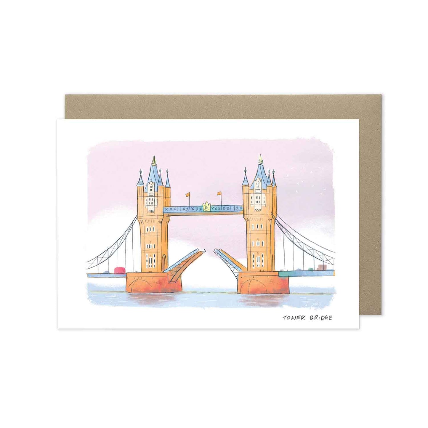 London's Tower Bridge beautifully illustrated on a greeting card from mike green illustration.