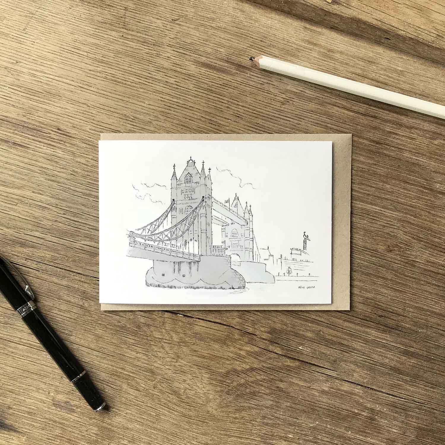 London's Tower Bridge beautifully sketched on a greeting card by mike green illustration.