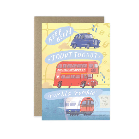 A greetings card with London transport, a red bus, a taxi and a tube train all making sounds.