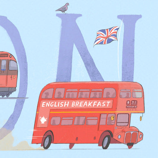 London bus from a painting of London's transport including busses, taxi's and trains.