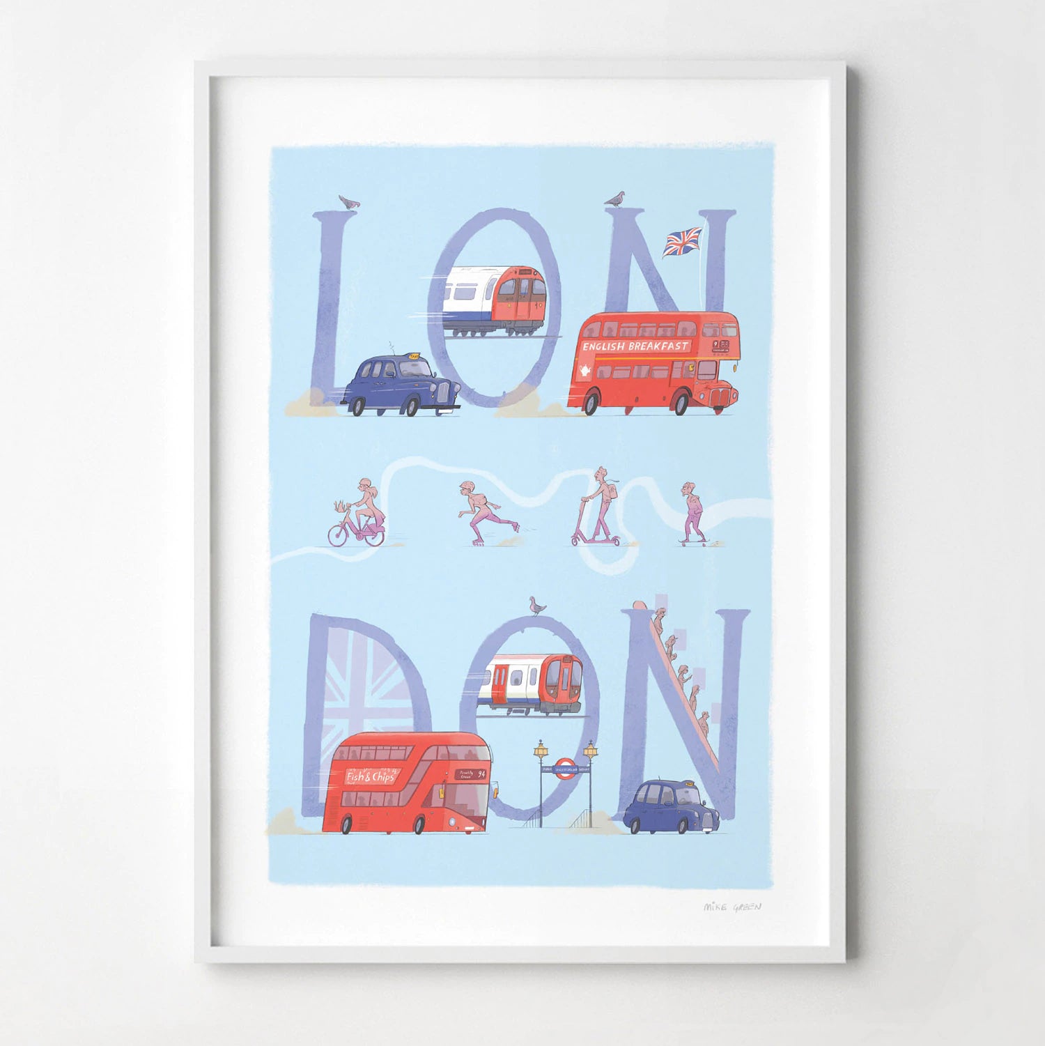 Framed print of a painting of London's transport including busses, taxi's and underground trains.