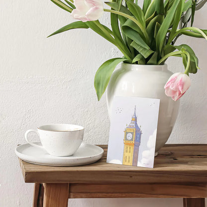 London's Big Ben beautifully illustrated on a greeting card by mike green illustration.