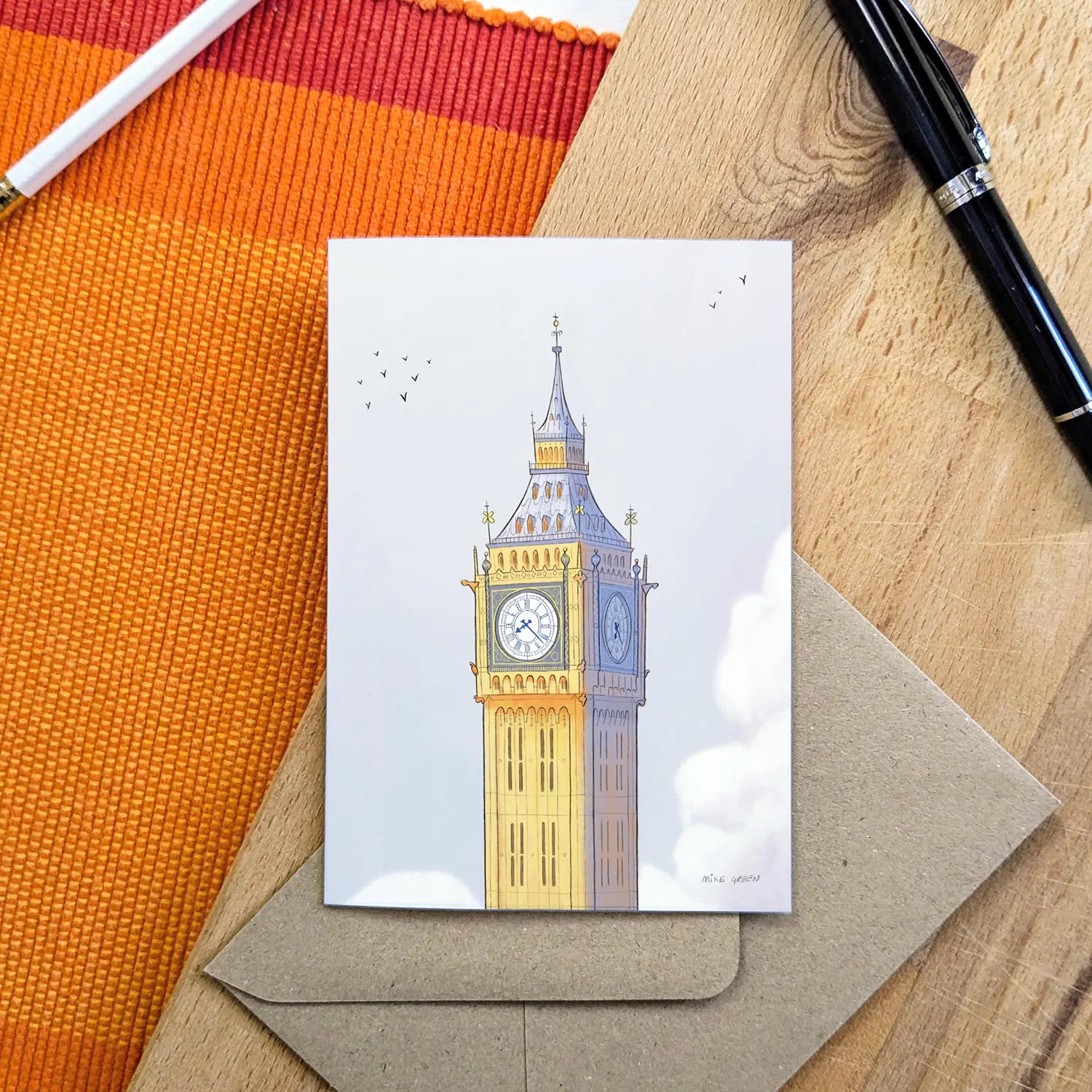 London's Big Ben beautifully illustrated on a greeting card by mike green illustration.