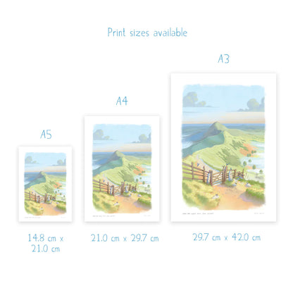 Print dimensions for of a painting of Mam Tor Ridge Path in the Peak District in England by Mike Green Illustration