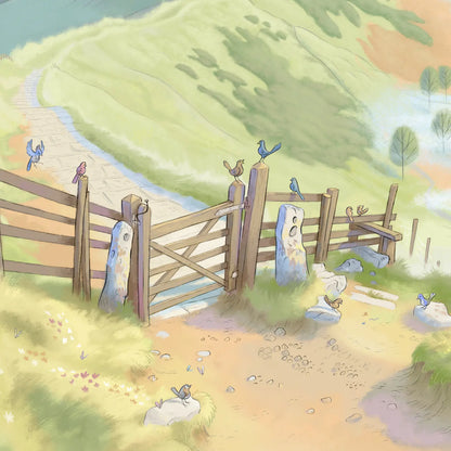 Detail from a painting of the Mam Tor Ridge Path in the Peak District in England by Mike Green Illustration with birds sitting on a fence