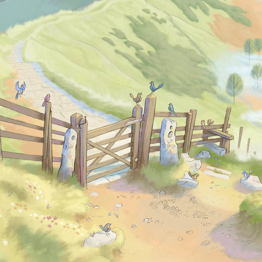 Detail from a painting of the Mam Tor Ridge Path in the Peak District in England by Mike Green Illustration with birds sitting on a fence