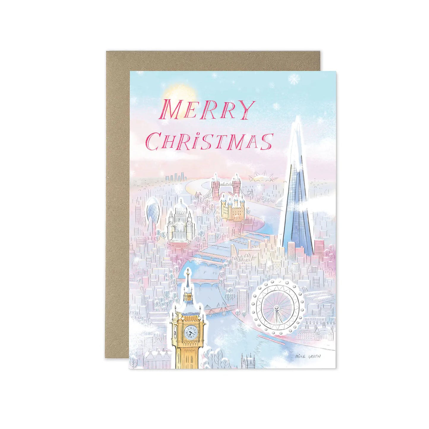 A Christmas card showing London's skyline in the snow with Merry Christmas in red letters