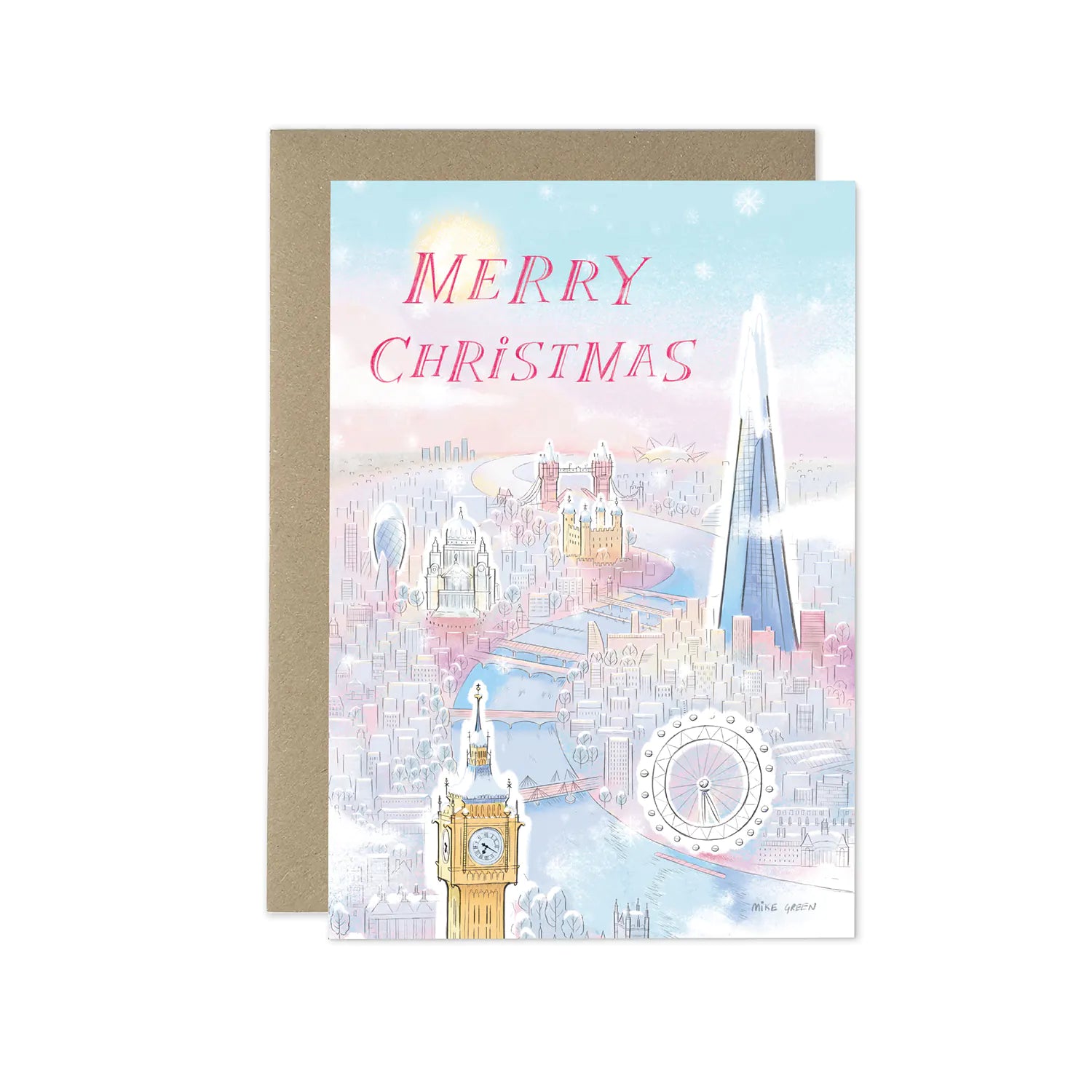 A Christmas card showing London's skyline in the snow with Merry Christmas in red letters