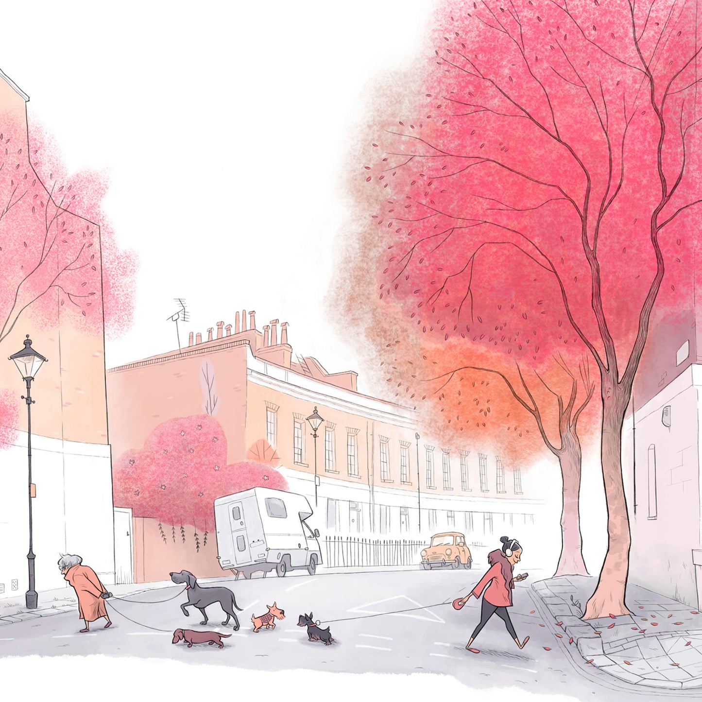 Detail of Illustration with 2 dogs catching up on a red tree lined street in London