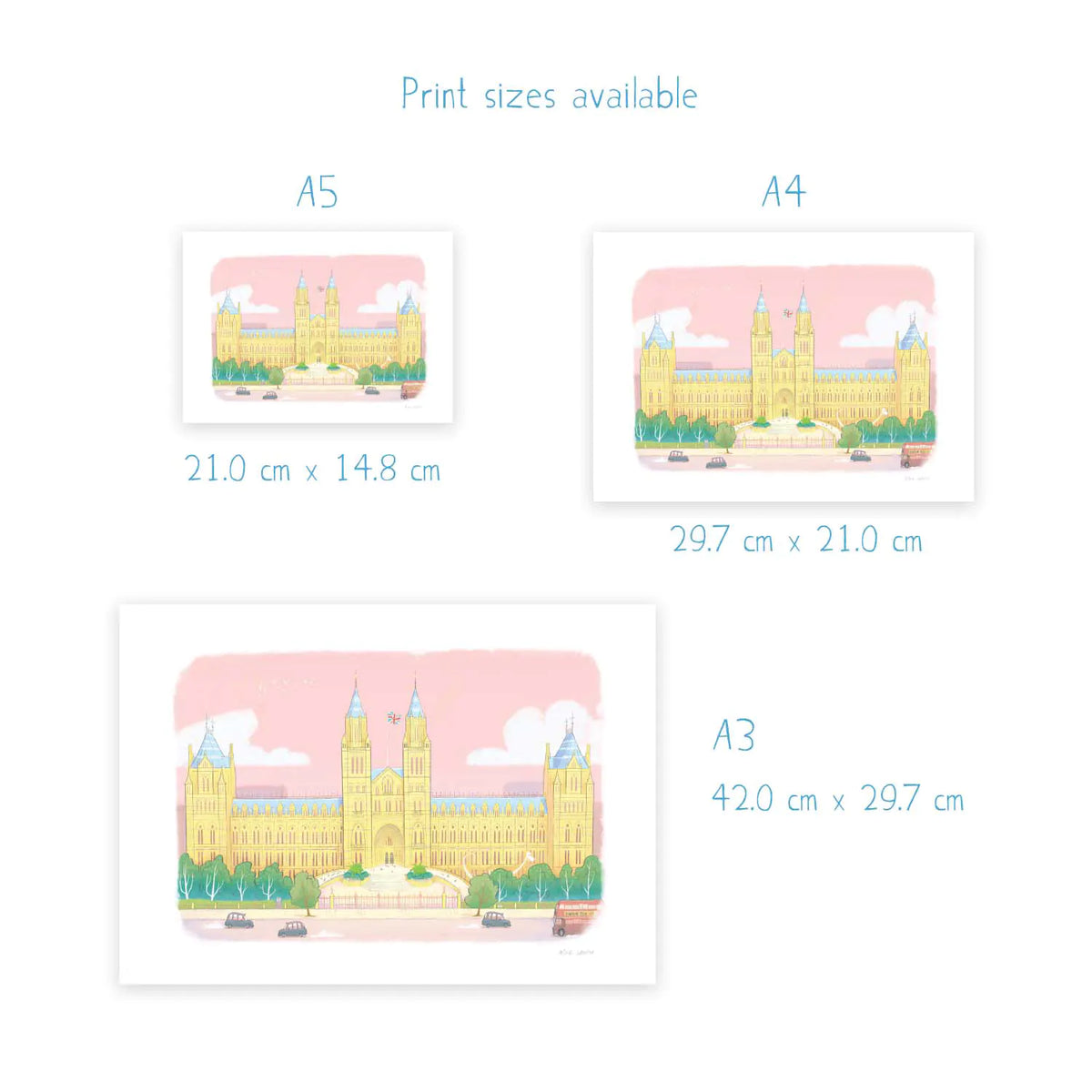 Sizes and dimensions for a wall art print of the Natural History Museum in London's South Kensington