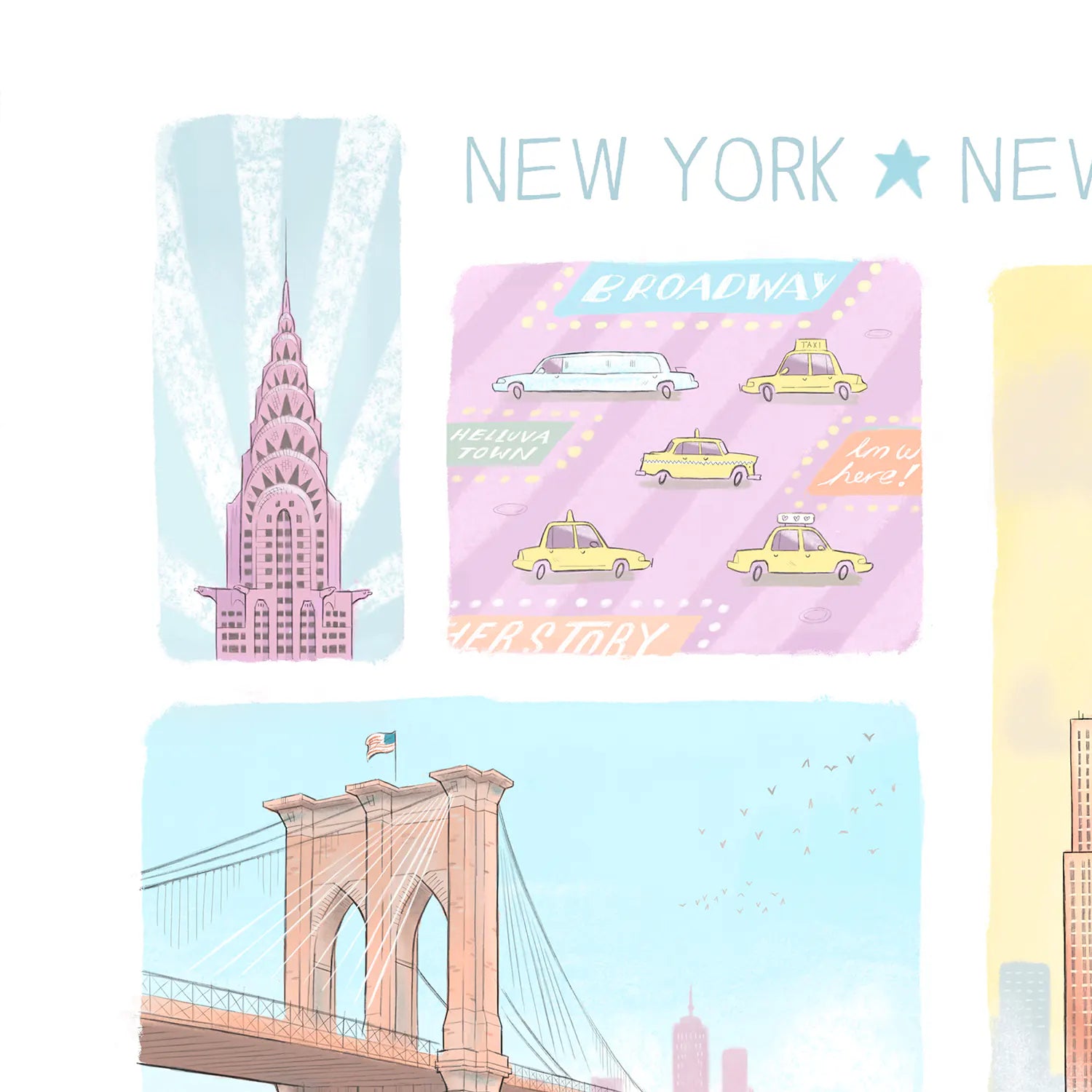 Detail of an illustration of  New York's landmarks in pastel colours