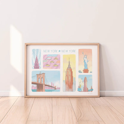 Framed print of an illustration of  New York's landmarks in pastel colours with New York New York written at the top