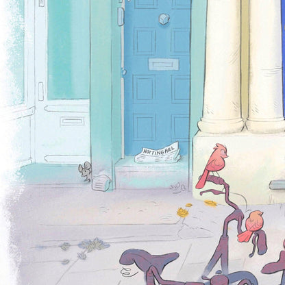 Detail from a painting of the blue door in London's Notting Hill with a cat watched by a few local birds on bicycles