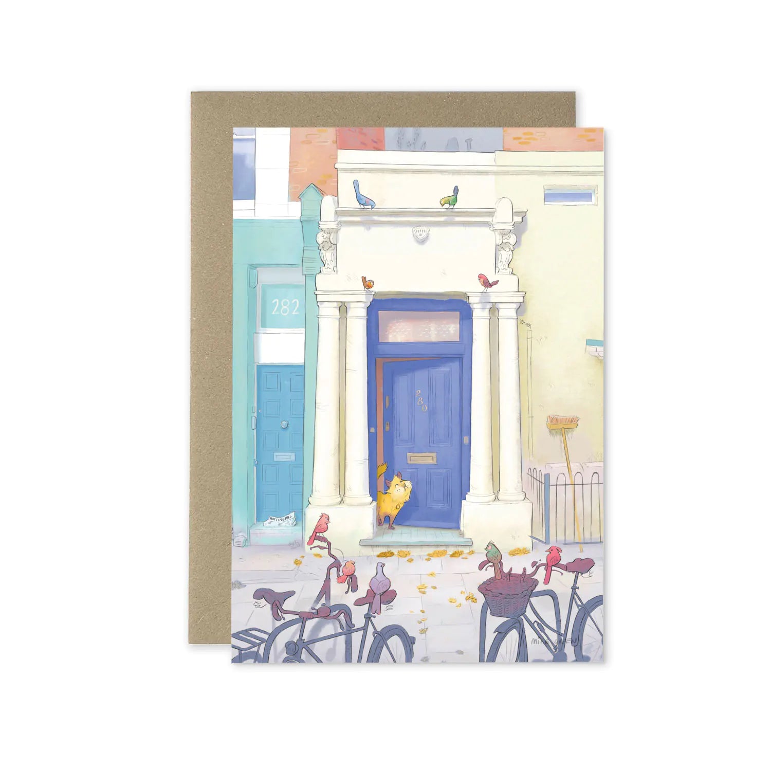 A greetings card with Notting Hill's Blue door from the film with a cat and birds in London