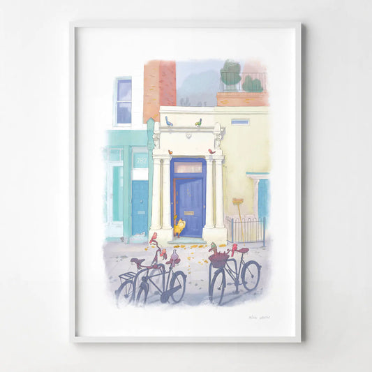 Wall art print of a painting of the blue door in London's Notting Hill with a cat watched by a few local birds on bicycles