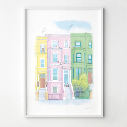 Framed print of an illustration by Mike Green Illustration of a lazy cat in front of colourful Houses on Lancaster road in London's Notting Hill